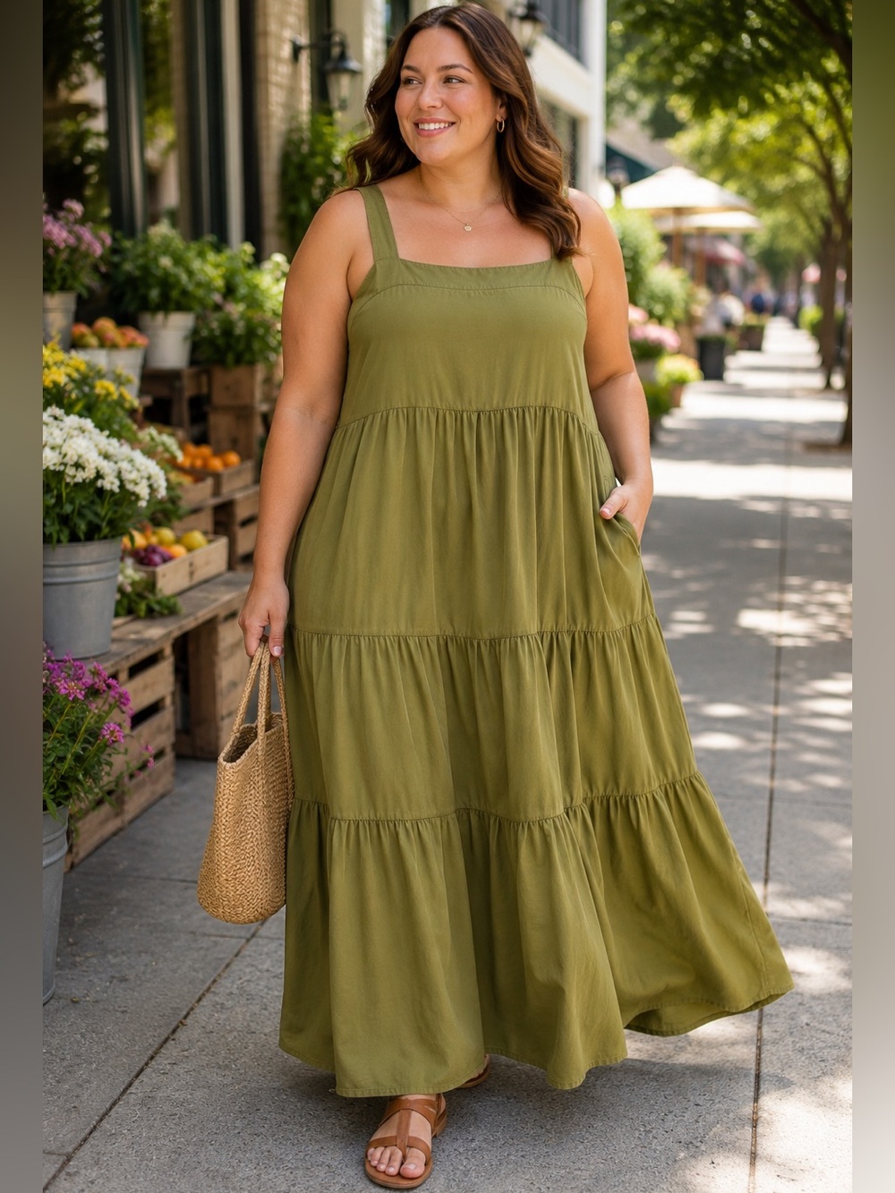 The Drop Tiered Maxi Dress Women’s 2X Olive Green Tencel Lyocell Pockets